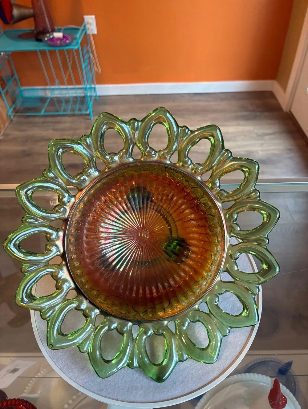 Northwood Antique Wild Rose Green Carnival Glass Open Edge Bowl